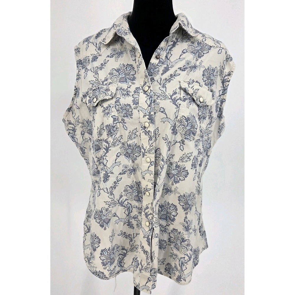 Brooks Dunn Panhandle Slim Top Womens XL Blue Beige Floral Pearl Snap